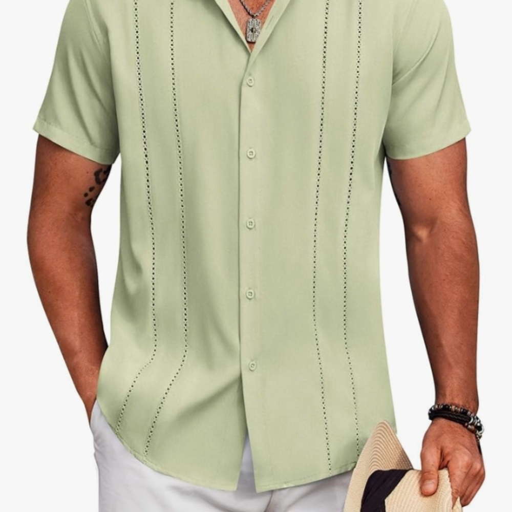 Green Casual Button Down Shirt with Ribbed Detailing